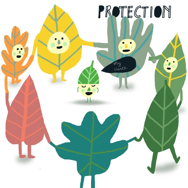 Illustration titled “Protection” – colorful leaves and small figures symbolizing safety and togetherness. Artwork by Karin Carolina Poiesz.