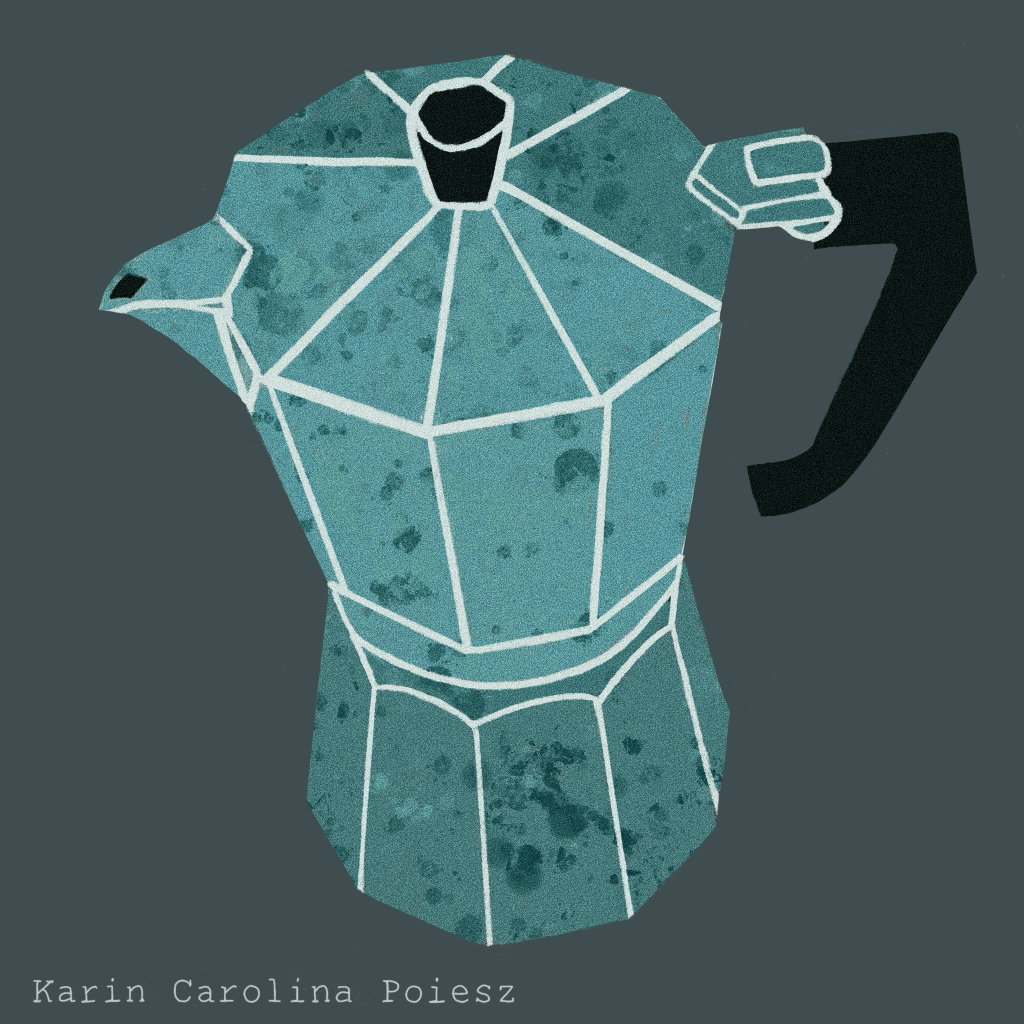 Illustration of a blue moka pot coffee maker on a dark background. Artwork by Karin Poiesz.( Karin Carolina)