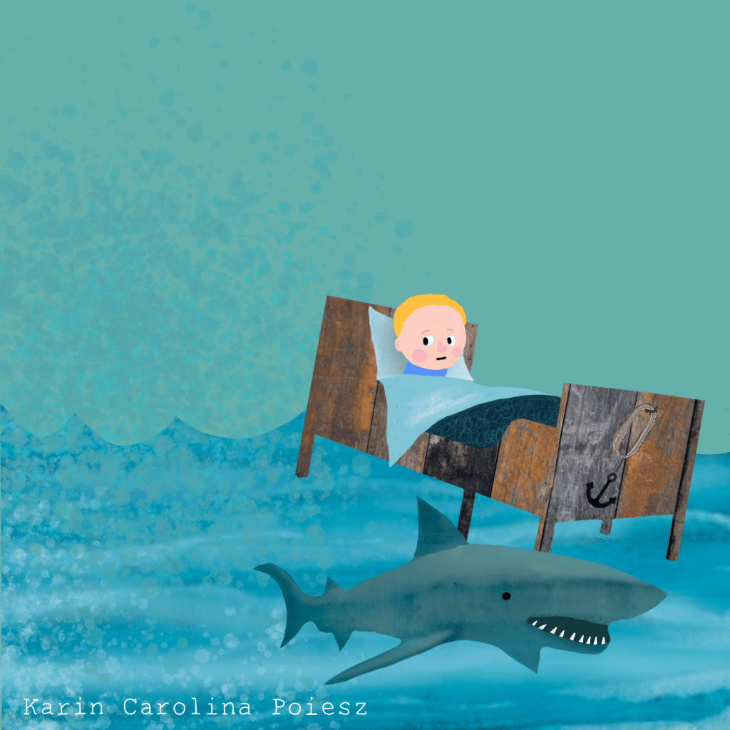 Illustration by Karin Carolina Poiesz for Tomke, a Frisian magazine for toddlers. The image shows a boy dreaming that his bed is floating on the sea while a shark swims below. Text and music by Geartsje Douma.