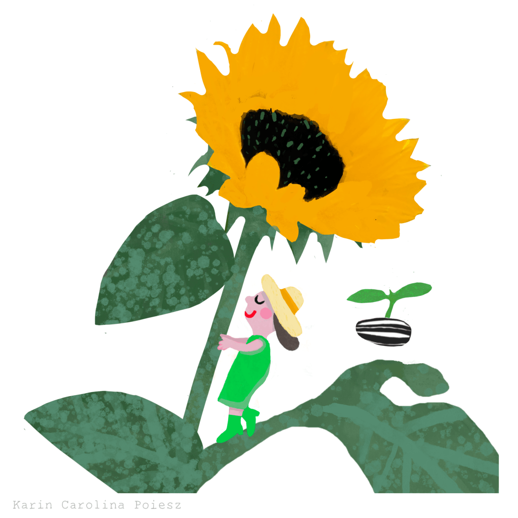 A little girl in a green dress and straw hat hugs a tall sunflower, with a tiny sprouting seed floating nearby. Illustration by Karin Carolina Poiesz for the They Draw & Garden “Sunflower” theme.