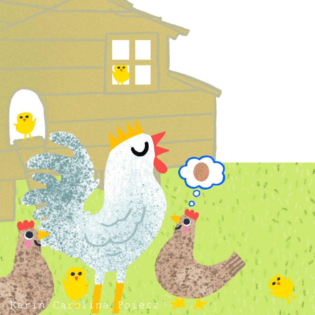 ‘Cock-a-doodle-doo!’ Illustration for a poem by Geartsje Douma, created for the Frisian children’s magazine Tomke. Cheerful chickens and chicks in front of a barn. © Karin Carolina Poiesz, illustrator.