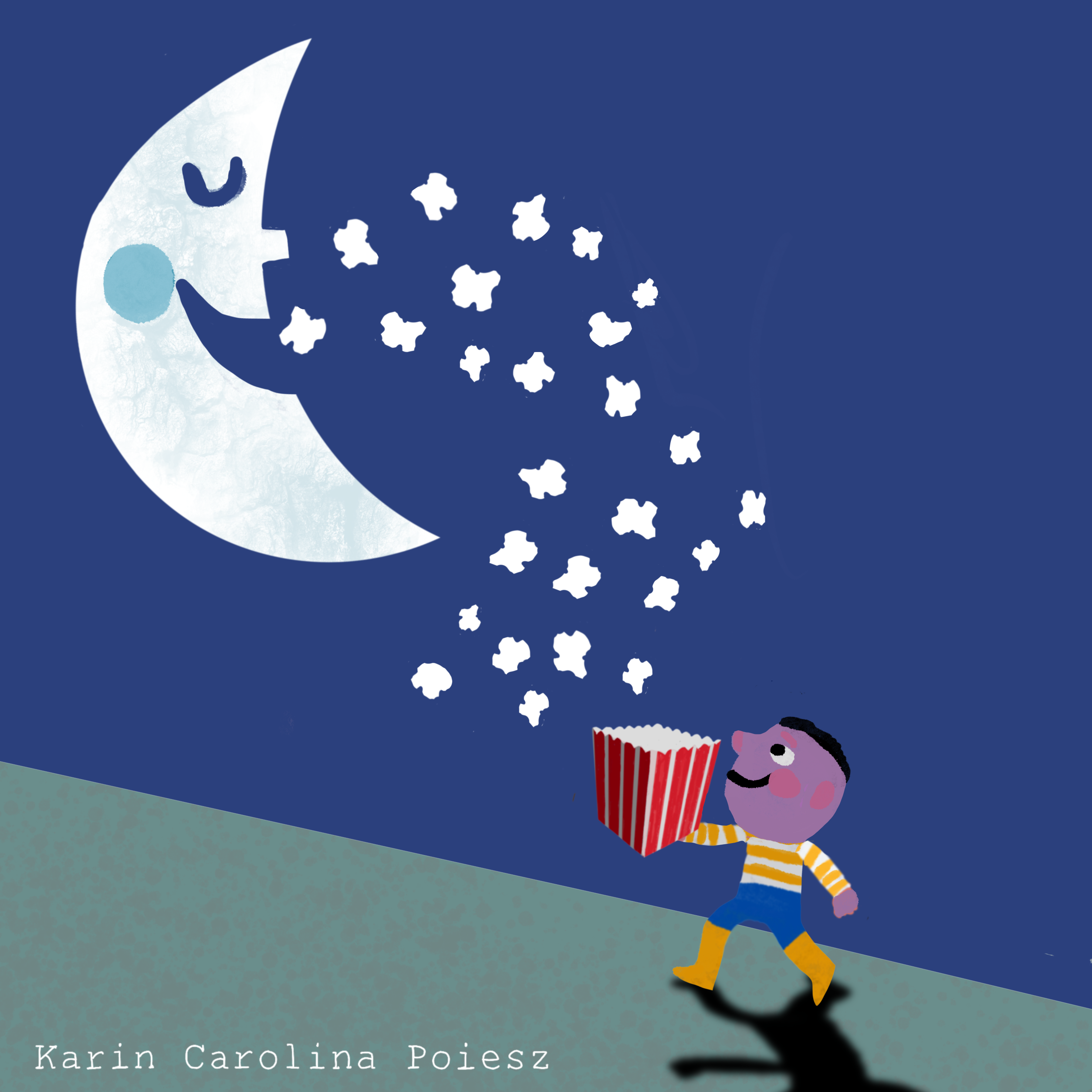 Children’s book illustration by Karin Carolina Poiesz. A playful night scene with a boy catching popcorn from the moon. Created for They Draw and Cook.