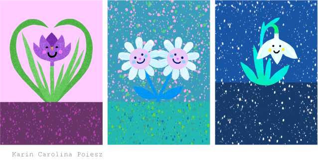 Digital flower card series by Karin Carolina Poiesz, featuring cheerful spring blooms in vibrant colours.