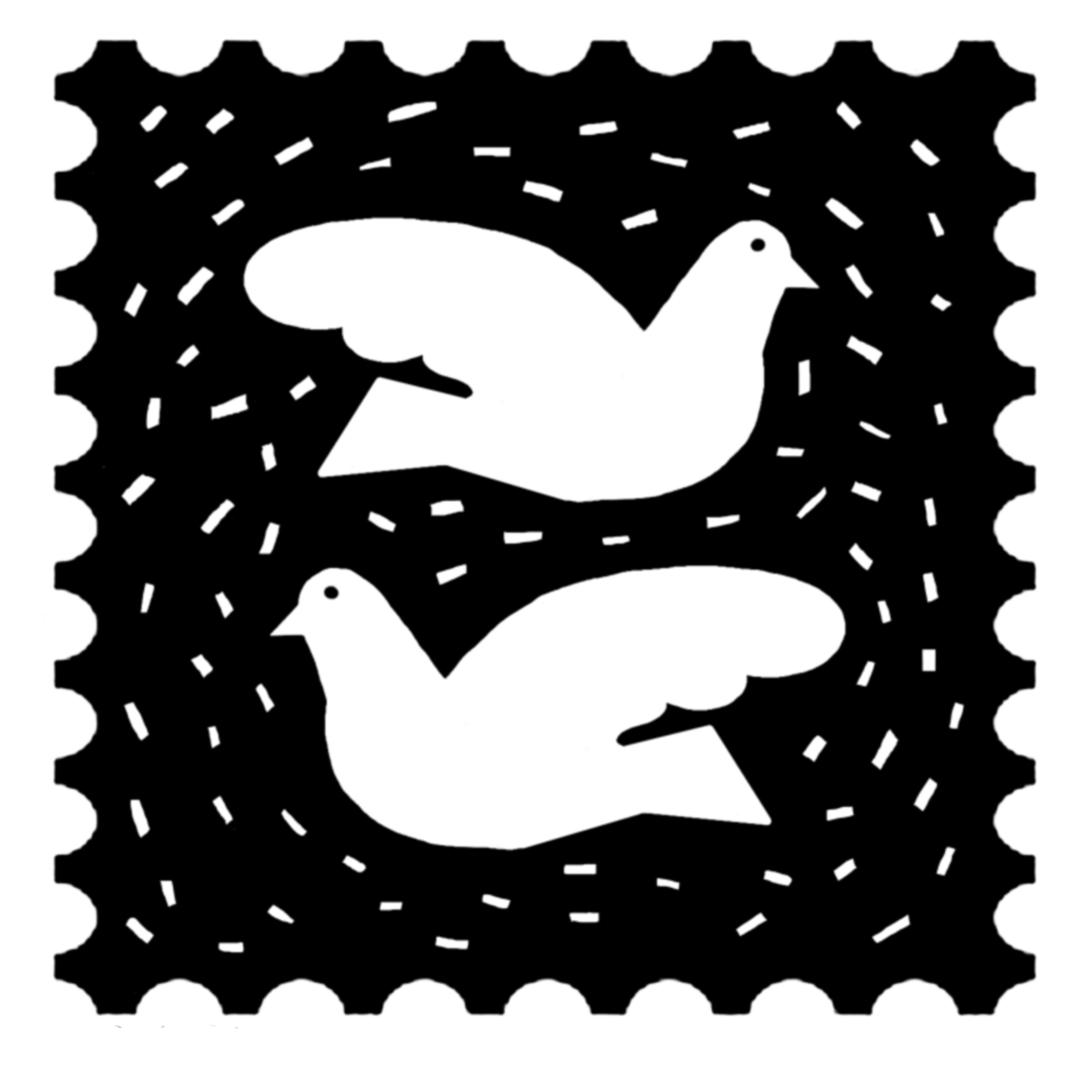 Decorative stamp illustration with two white doves, part of a series of symbolic mini artworks. Illustration Karin Carolina Poiesz.