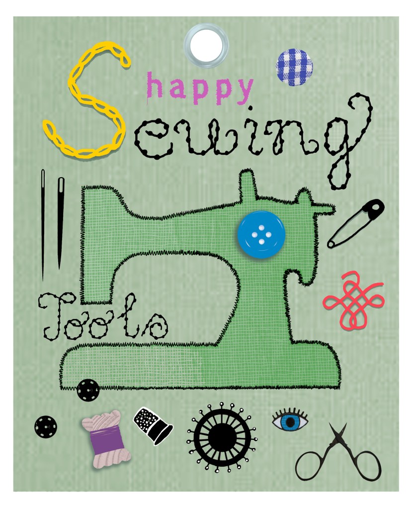 Digital illustration of a green sewing machine surrounded by sewing items such as needles, thread, buttons, and scissors. The artwork has the look of a stitched fabric wall hanging, entirely drawn digitally by Karin Carolina Poiesz.