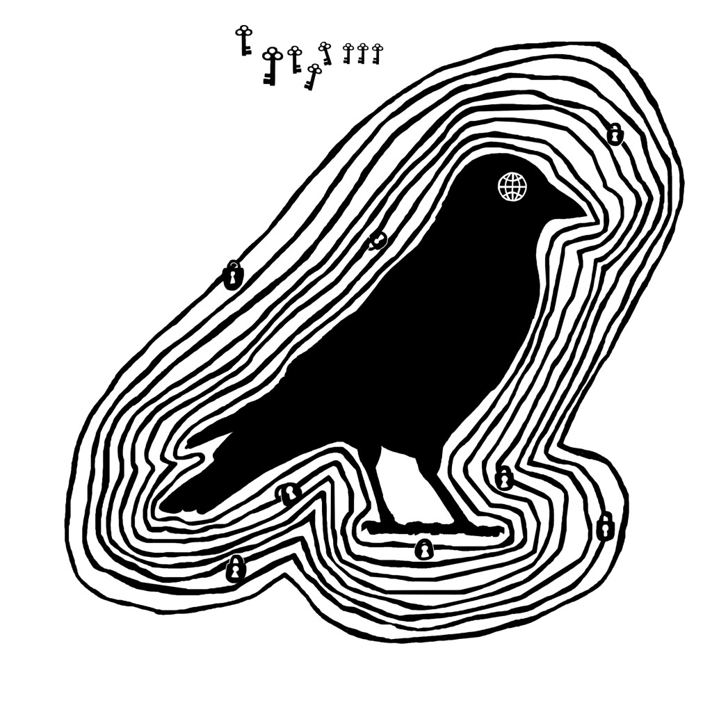 Stylized black bird surrounded by topographic contour lines, symbolizing memory and time. Digital illustration titled “The Past Is Over” by Karin Carolina Poiesz.