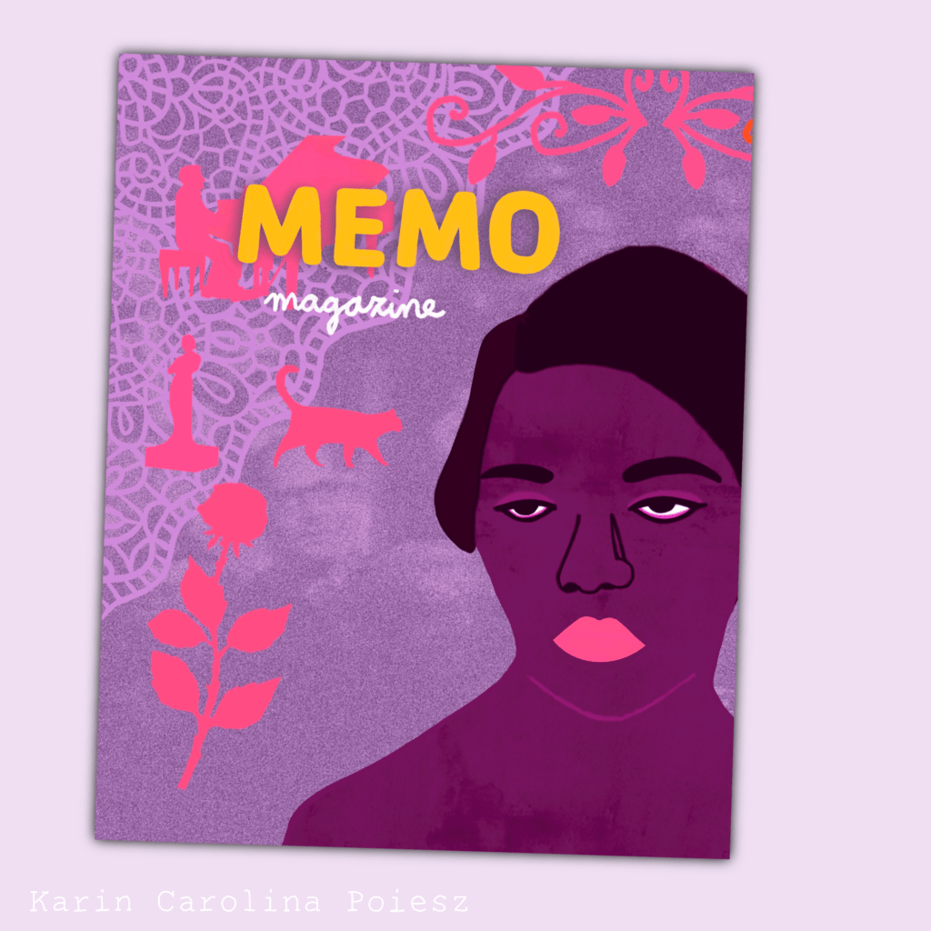 Concept illustration for a magazine cover, inspired by Black female singers, featuring a stylized portrait in purple and pink with botanical and animal shapes in the background.