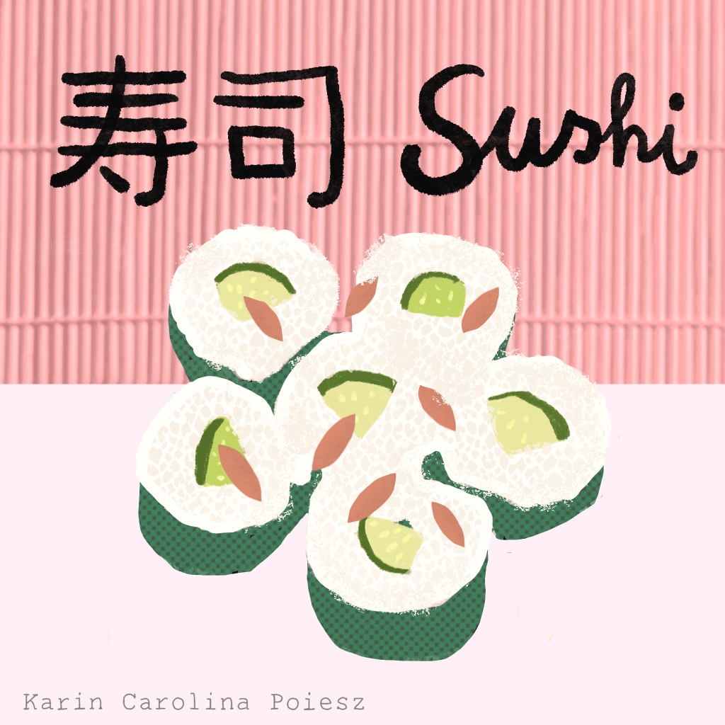 Sushi illustration by Karin Carolina Poiesz,  fresh rolls on a pink background, created for Lilla’s Style Play challenge as part of a food illustration study.