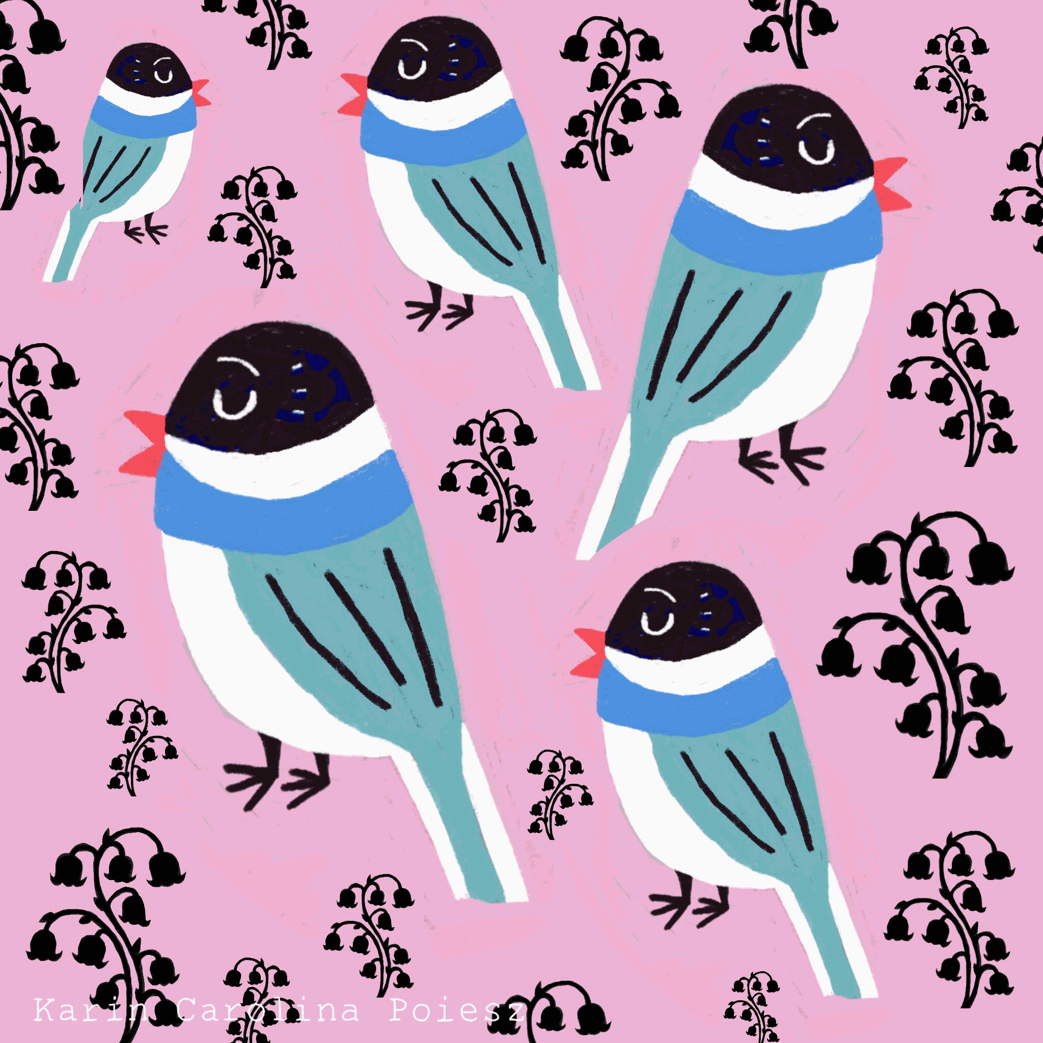 Pattern with blue and white garden birds and lily-of-the-valley motifs, illustration by Karin Carolina Poiesz.