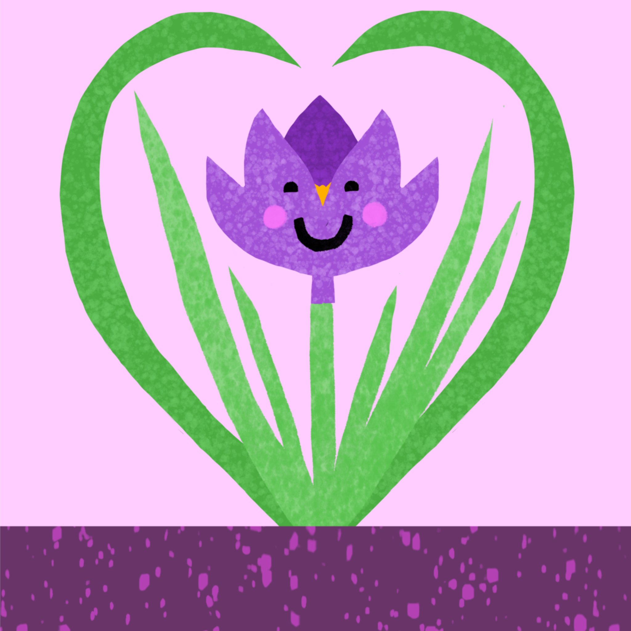 Smiling crocus – A happy purple crocus framed by green leaves forming a heart shape. Artwork by Karin Carolina Poiesz