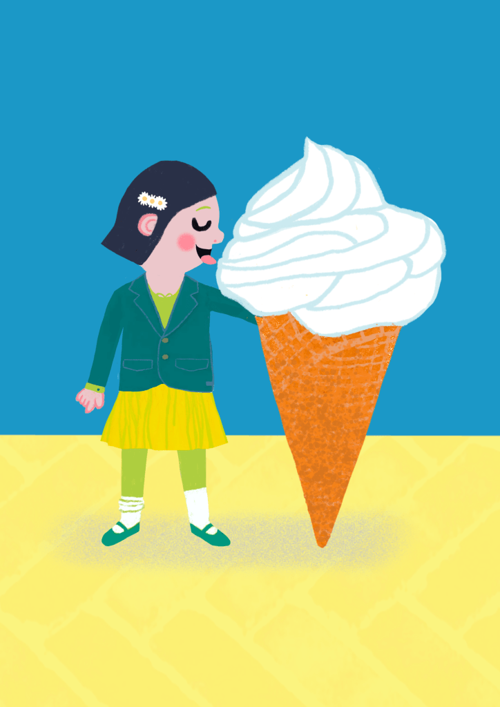 Girl with ice cream – Girl in green and yellow outfit smiling at a giant ice cream cone under a bright blue sky.Artwork by Karin Carolina Poiesz