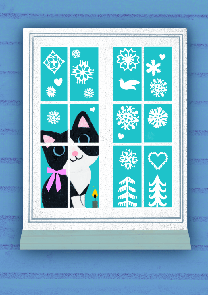 Cat at the window  with a candle. Black and white cat with pink ribbon looking out through a frosty window decorated with snowflakes. Christmas greetings. By Karin Carolina Poiesz