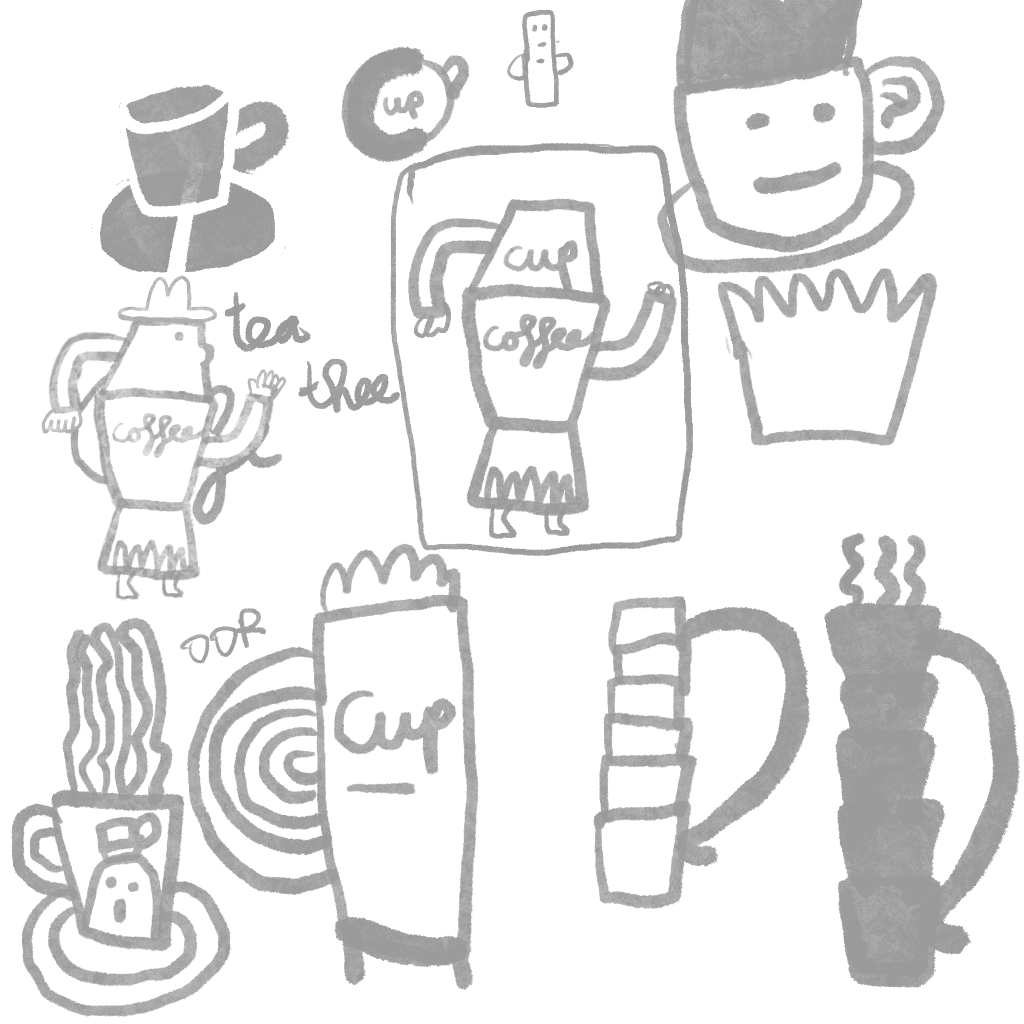 Playful doodle sketches around the theme of coffee,  cups, teapots and steaming mugs with faces and arms, blending tea and coffee together. Art by Karin Carolina Poiesz.