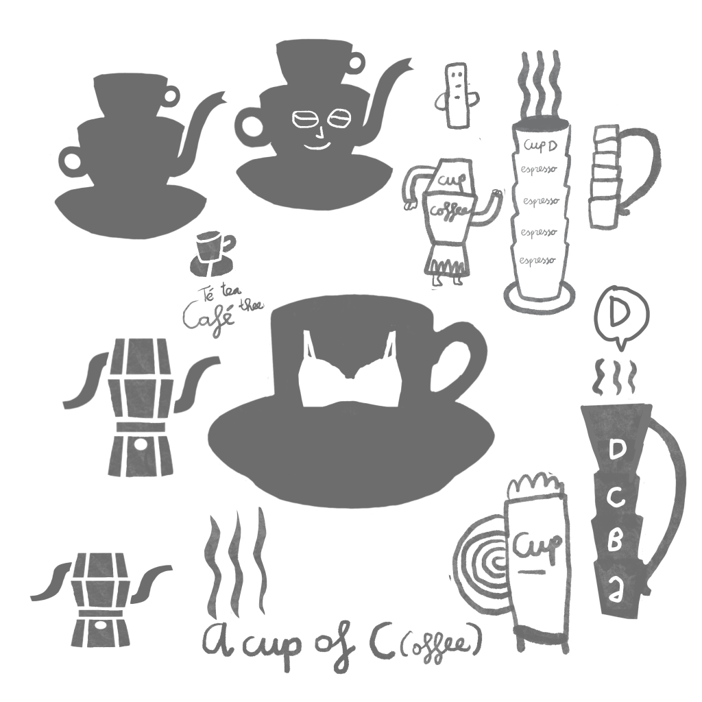 Playful doodle sketches around the theme of coffee,  cups, teapots and steaming mugs with faces and arms, blending tea and coffee together. Art by Karin Carolina Poiesz.