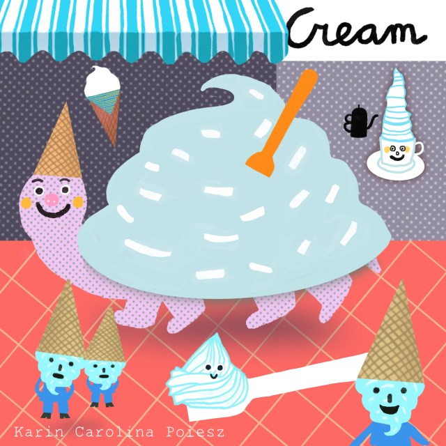 Whipped cream doodle turned into a cheerful ice-cream shop scene with smiling cones and a spoon. Illustration by Karin Carolina Poiesz