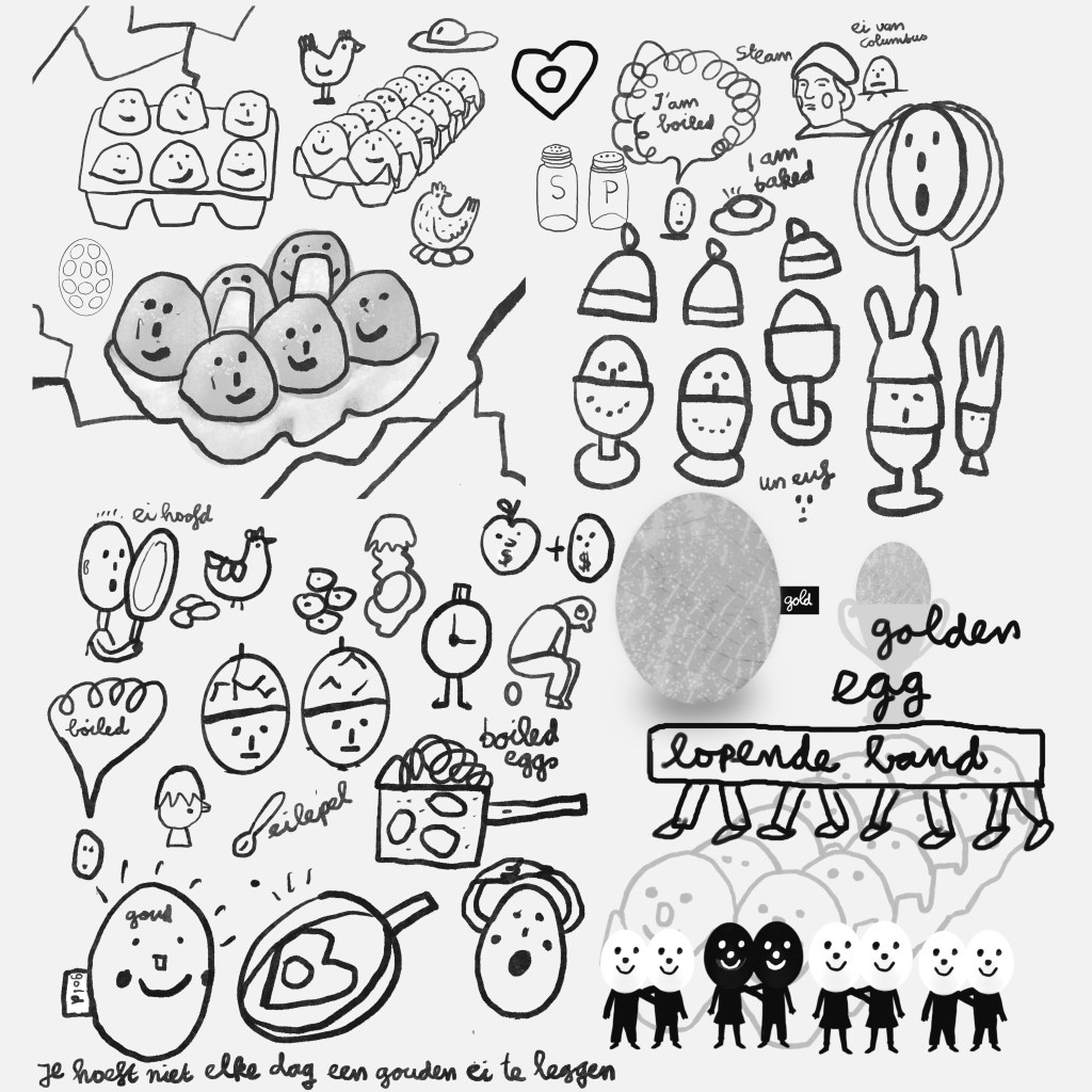 Collection of doodles around the theme of eggs — smiling eggs, boiled eggs, and playful egg cups. Art by Karin Carolina Poiesz.