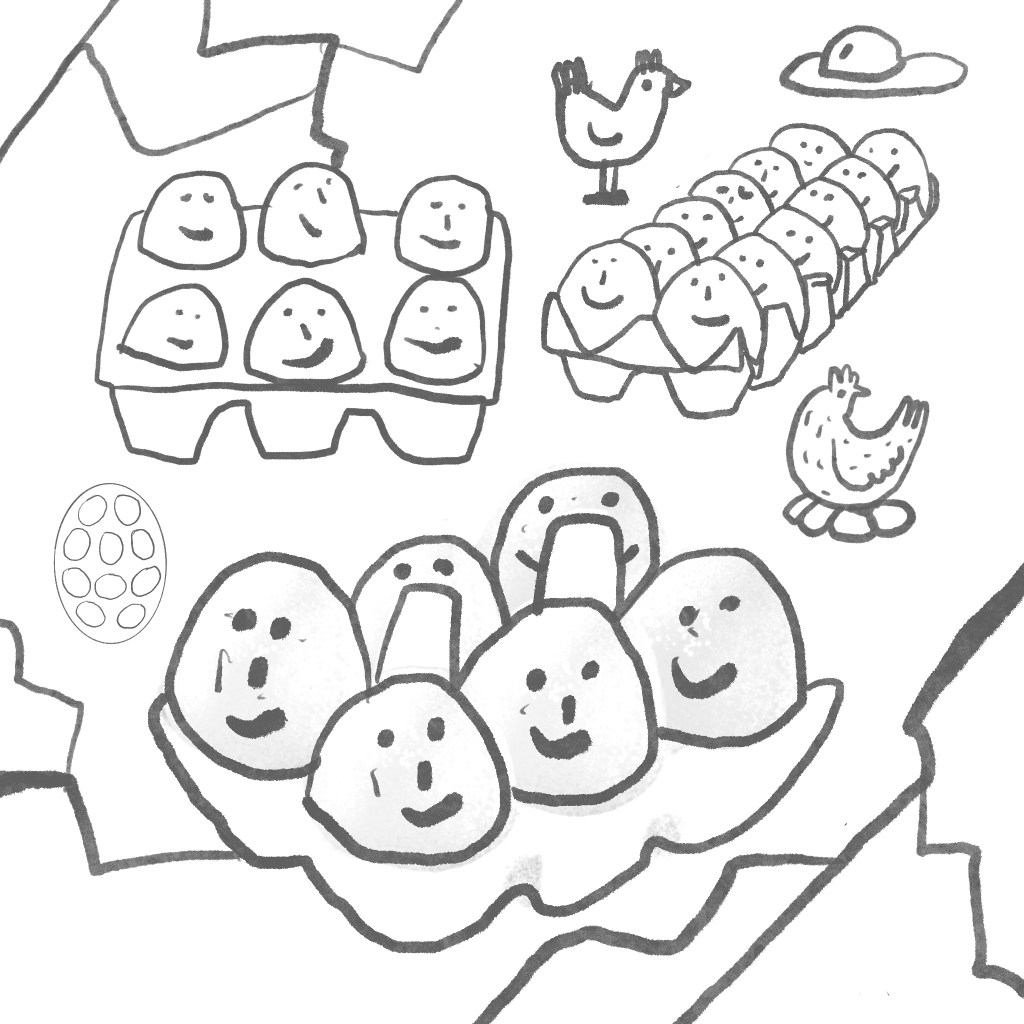 Playful doodle of smiling eggs in egg cartons with small hens around them. Art by Karin Carolina Poiesz.