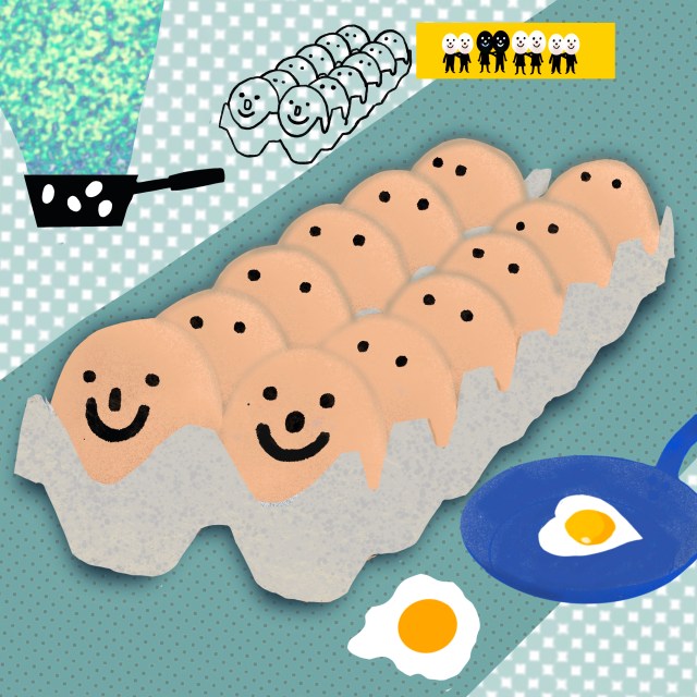 Happy eggs in a carton, drawn in Karin Carolina Poiesz’s whimsical doodle style, part of her Meneertje Doodle series.