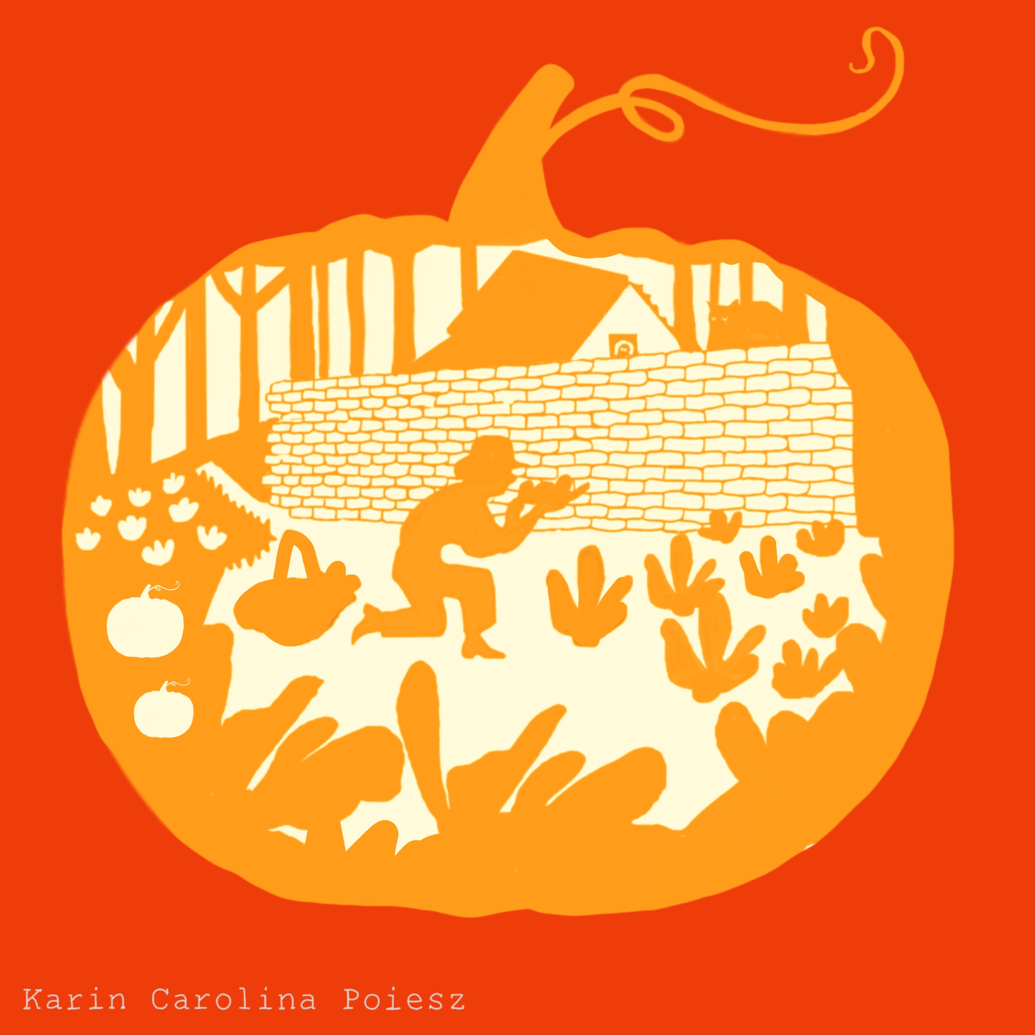 PUMPKIN 
“An orange pumpkin shape filled with a cut-out scene of a gardener, plants and a small house.”