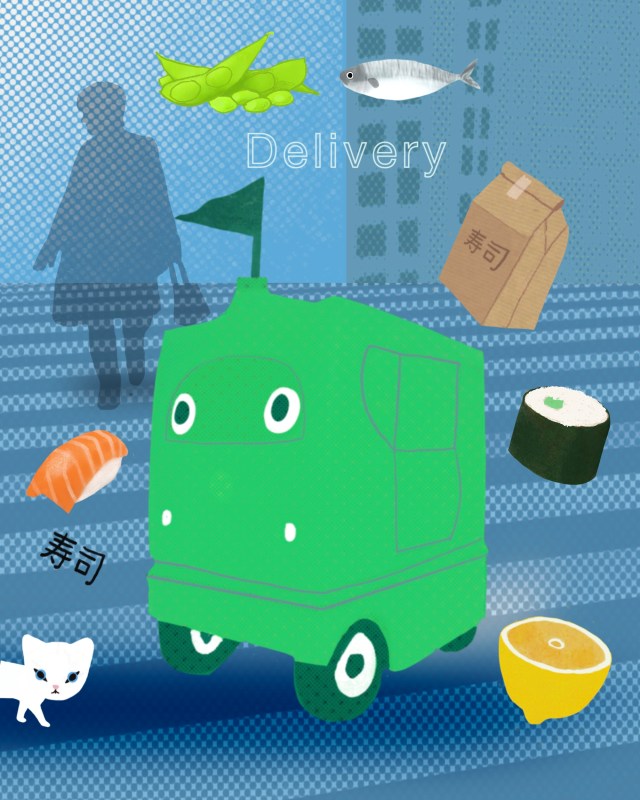 “Sushi Delivery” by Karin Carolina Poiesz – from doodle to illustration. A playful transformation of a small delivery robot surrounded by sushi, citrus and a white cat, evolving from black-and-white sketch to colourful Tokyo street scene.