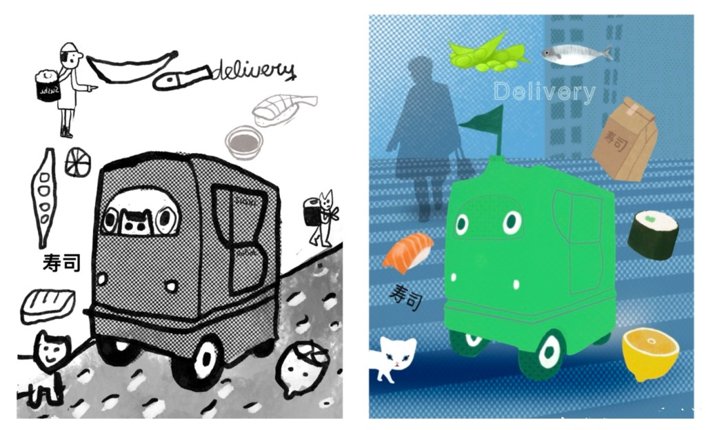 “Sushi Delivery” by Karin Carolina Poiesz – from doodle to illustration. A playful transformation of a small delivery robot surrounded by sushi, citrus and a white cat, evolving from black-and-white sketch to colourful Tokyo street scene.