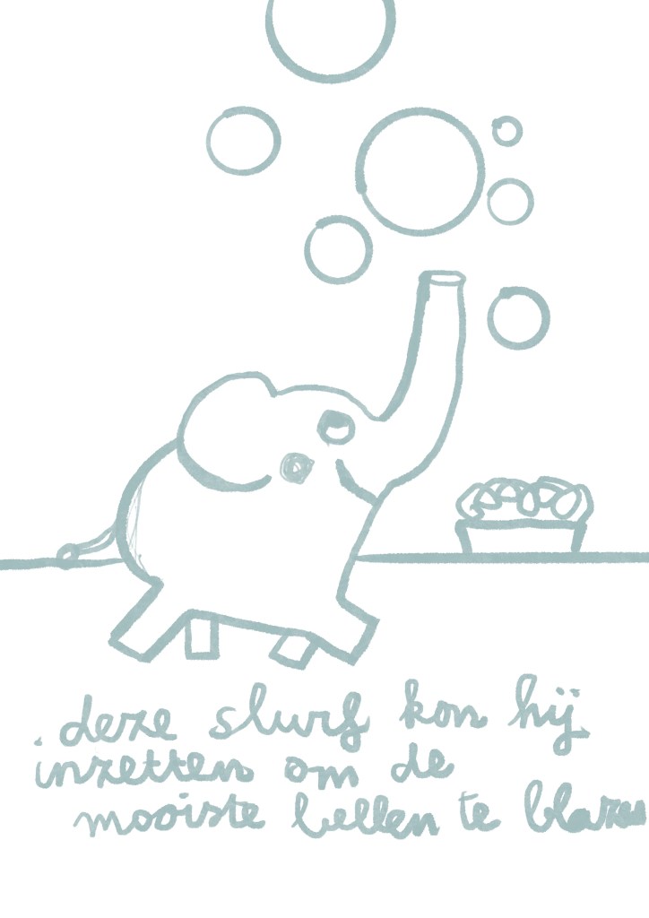 Doodle. Elephant blowing soap bubbles illustration by Karin Carolina Poiesz.