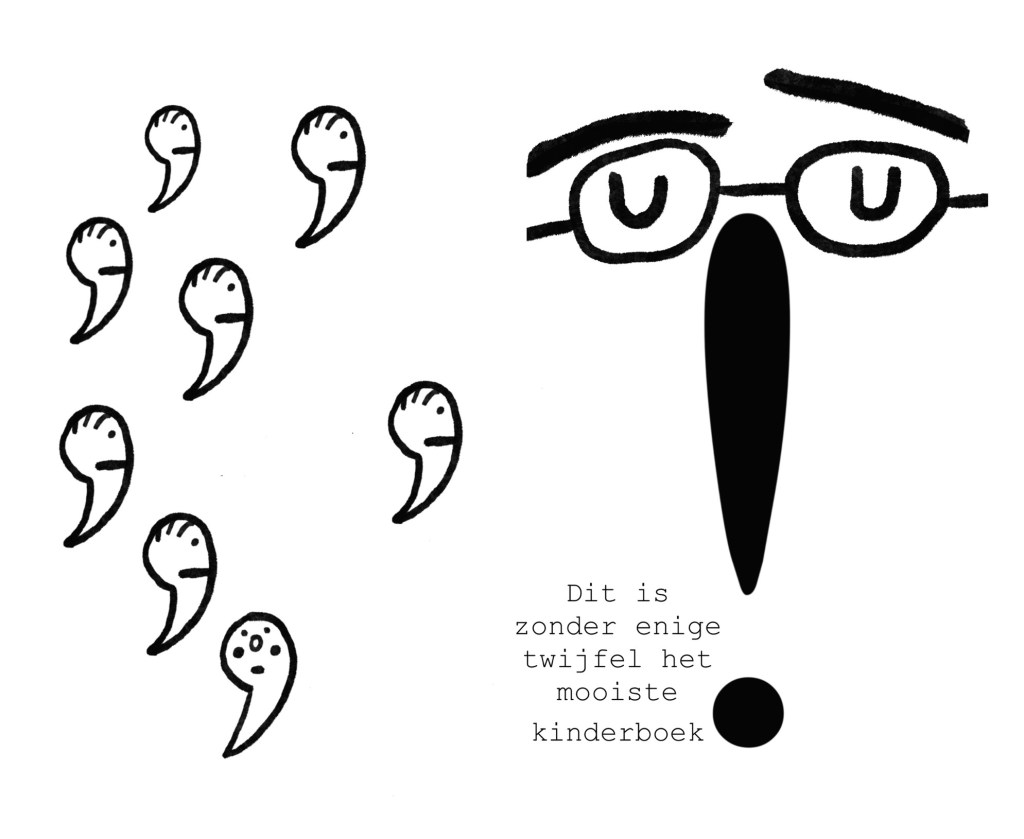 Illustration by Karin Carolina Poiesz: minimalist black ink drawing of a book critic’s face with glasses, with comma characters floating toward a large exclamation mark, referring to reading and book reviews.